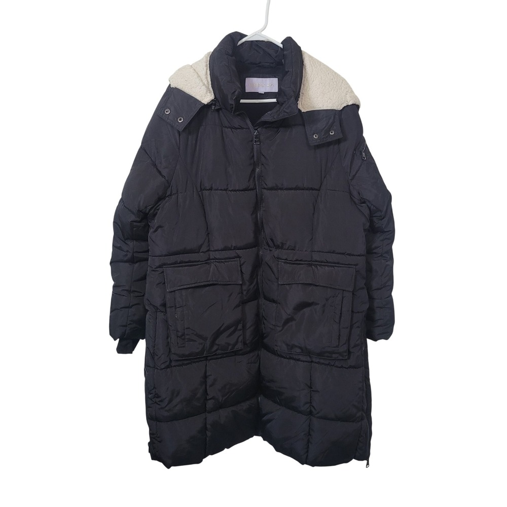 Madden Girl XL Puffer Parka Womens Black Sherpa Hood Long Line Quilted Coat